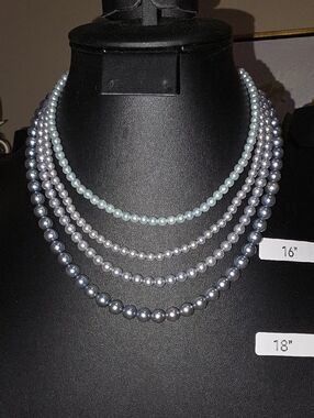 Multi-Strand Pearl Necklace Set - Silver and Light Blue